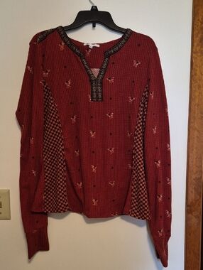 DR2 Anthropology Brick Red Patterned V-Neck Pullover Sweater SZ XL